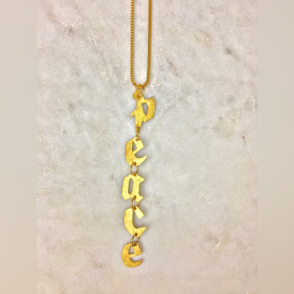 Gold Peace Necklace, handcrafted peace gold tone pendant w/24k gold plated chain - Picture 15 of 15